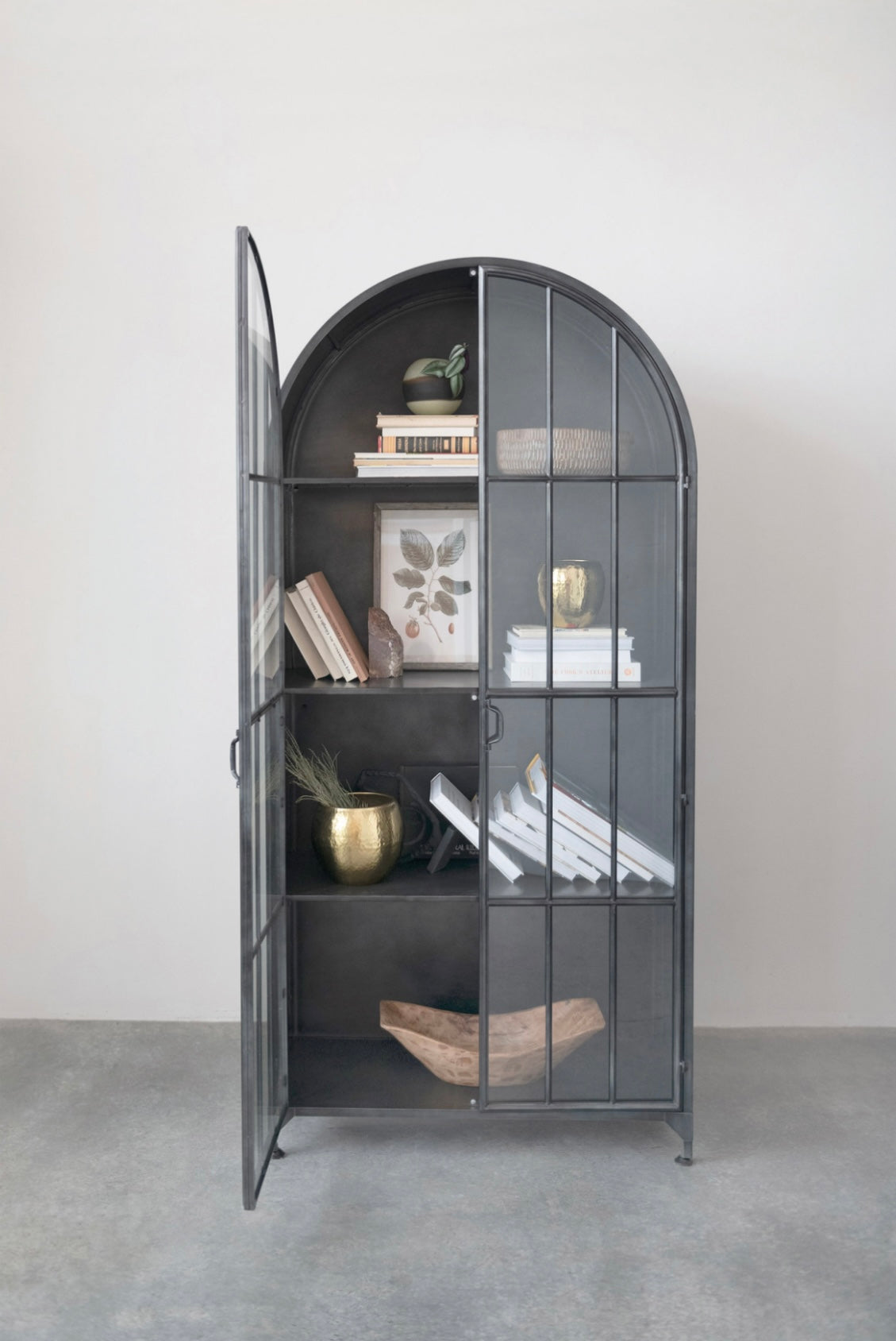 Arched Metal Cabinet with 2 Glass Doors and 3 Shelves